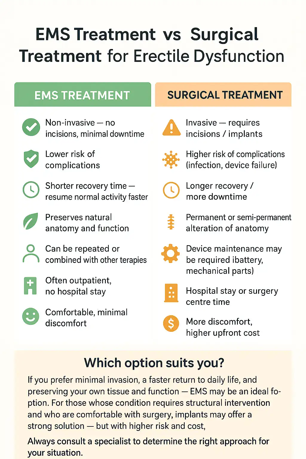 A table showing the benefits of EMS chair for erectile dysfunction treatment Birmingham compared to surgery.