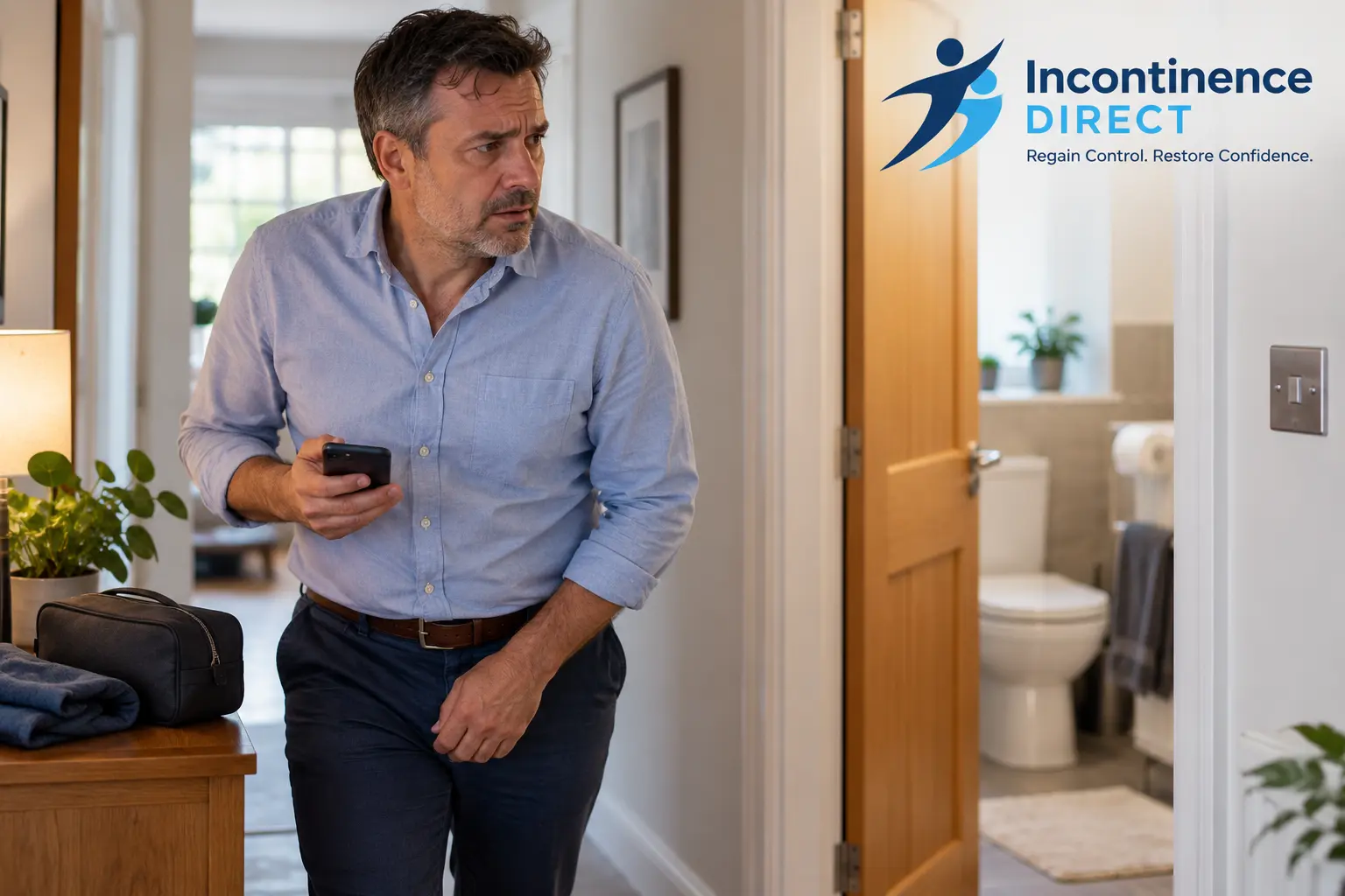 Worried Man Near Open Bathroom affected from faecal incontinence safety tips from incontinence direct Birmingham