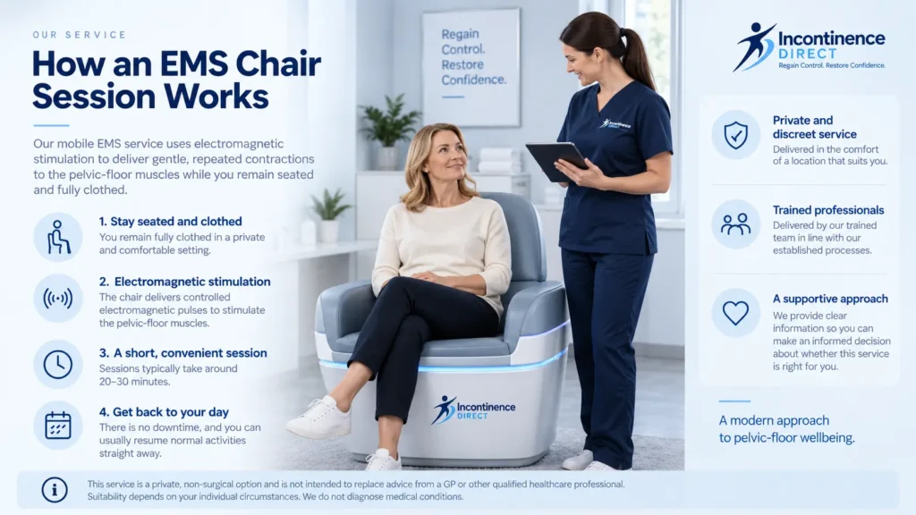 how ems chair session works at incontinence direct Birmingham a detailed infographics for the incontinence process