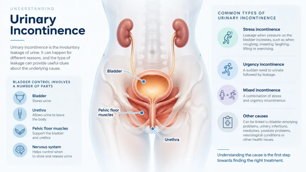 incontinence direct Birmingham infographic on urinary incontinence symptoms reasons and treatment options