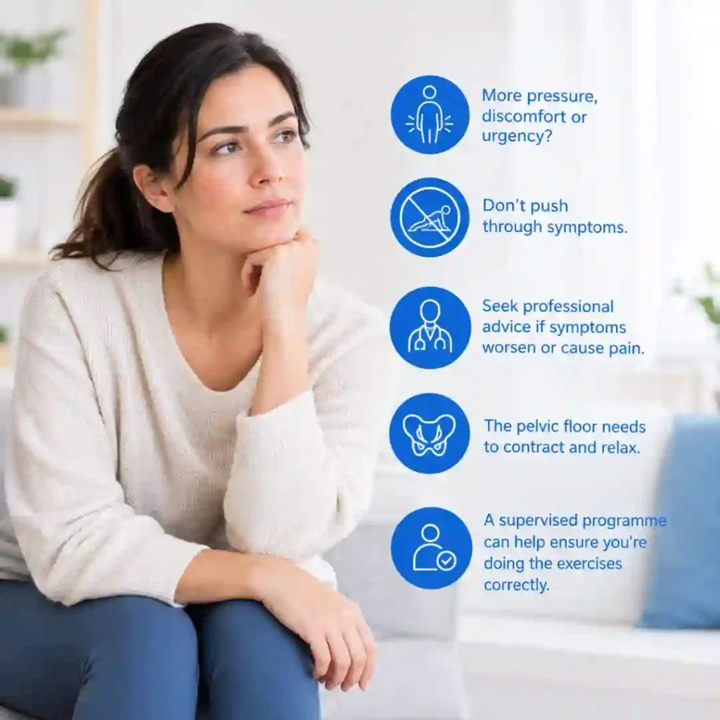 Pelvic-floor exercises Birmingham involve controlled contraction and relaxation. Persistent pressure, discomfort or urinary urgency may warrant professional assessment.